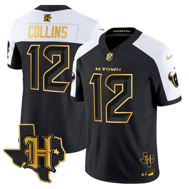 Men's Houston Texans 2025 Texas Patch Gold Vapor Limited Jersey - All Stitched - Alternate - Nico Collins — view 1