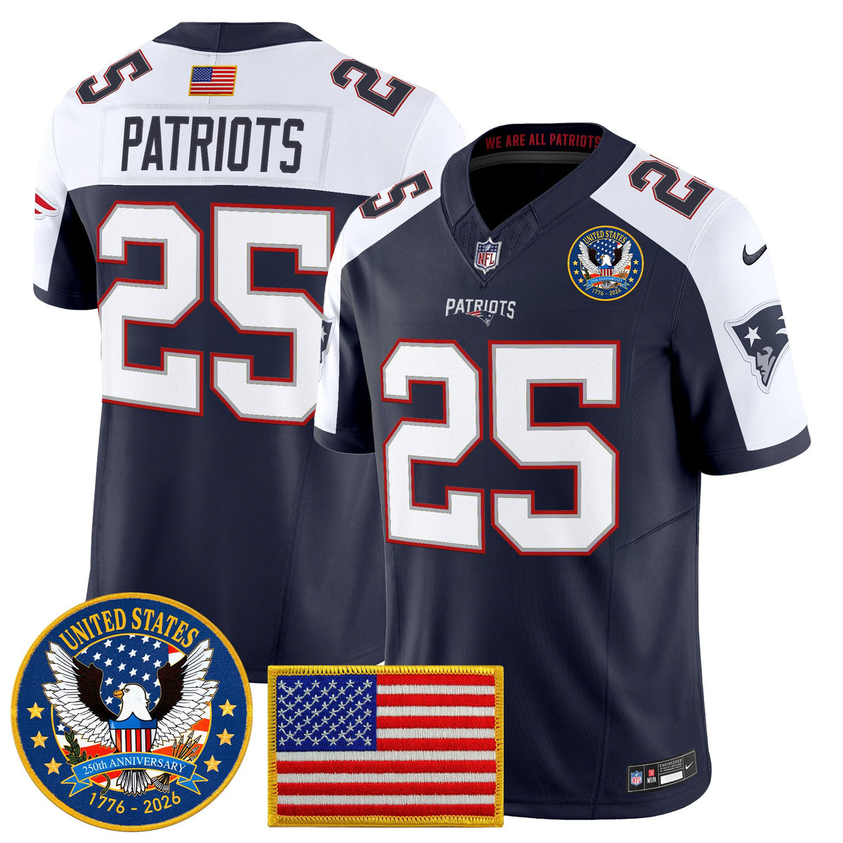 Men's New England Patriots United States 250th Anniversary Patch Vapor Limited Jersey - All Stitched - Navy Alternate - #25 Patriots — view 1