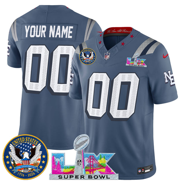 New England Patriots Super Bowl LX & United States 250th Patch Vapor Limited Custom Jersey - All Stitched - Storm Blue — view 1