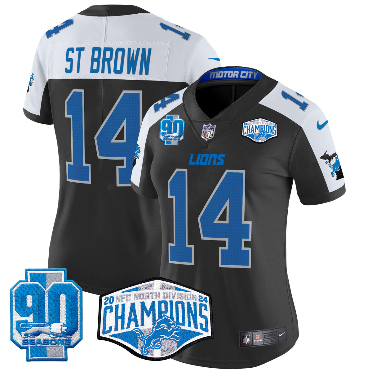 Women's Detroit Lions 2024 NFC North Division Champions Patch Vapor Limited Jersey - All Stitched - Black Alternate - St. Brown — view 1