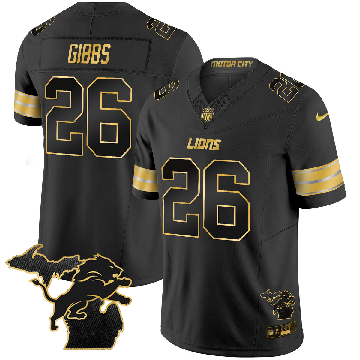 Men's Detroit Lions 2024 Michigan Patch Gold Vapor Jersey - All Stitched - Black Gold - Jahmyr Gibbs — view 1