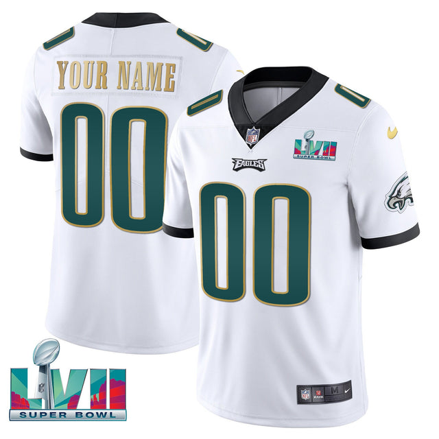Eagles Super Bowl Custom Patch Vapor Jersey - All Stitched - White Gold Trim — view 1