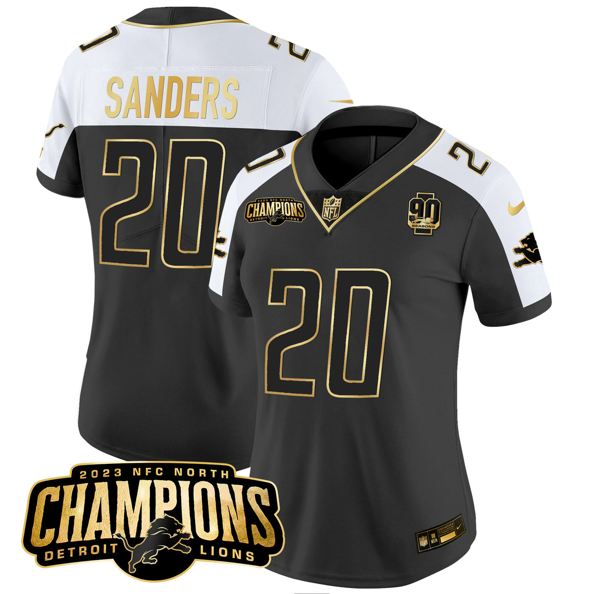 Women's Detroit Lions 2023 NFC North Champions Patch Gold Vapor Jersey V2 - All Stitched - Alternate - Barry Sanders — view 1