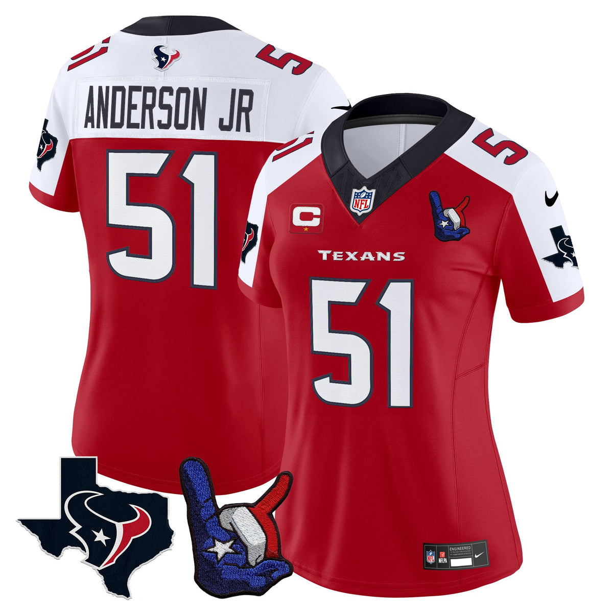 Women's Houston Texans Hand Sign Throwing Up The H Vapor Jersey - All Stitched - Red Alternate - Will Anderson Jr — view 1
