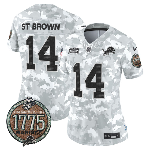 Women's Detroit Lions 2024 Salute to Service Establishment Year Patch Vapor Limited Jersey - All Stitched - Marines - St. Brown — view 1