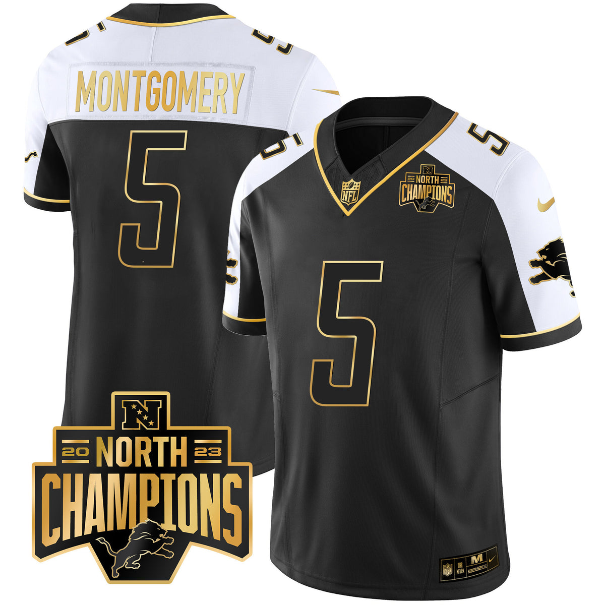 Men's Detroit Lions 2023 NFC North Division Champions Patch Vapor Gold Jersey - All Stitched - Alternate - David Montgomery — view 1
