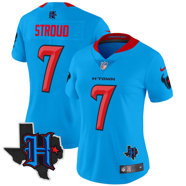 Women's Houston Texans 2024 Texas Patch Vapor Limited Jersey V2 - All Stitched - Blue - C.J. Stroud — view 1