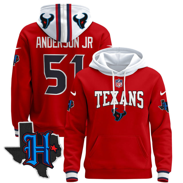 Men's Houston Texans 2024 Pullover Hoodie V3 - All Stitched - Red - Will Anderson Jr — view 1
