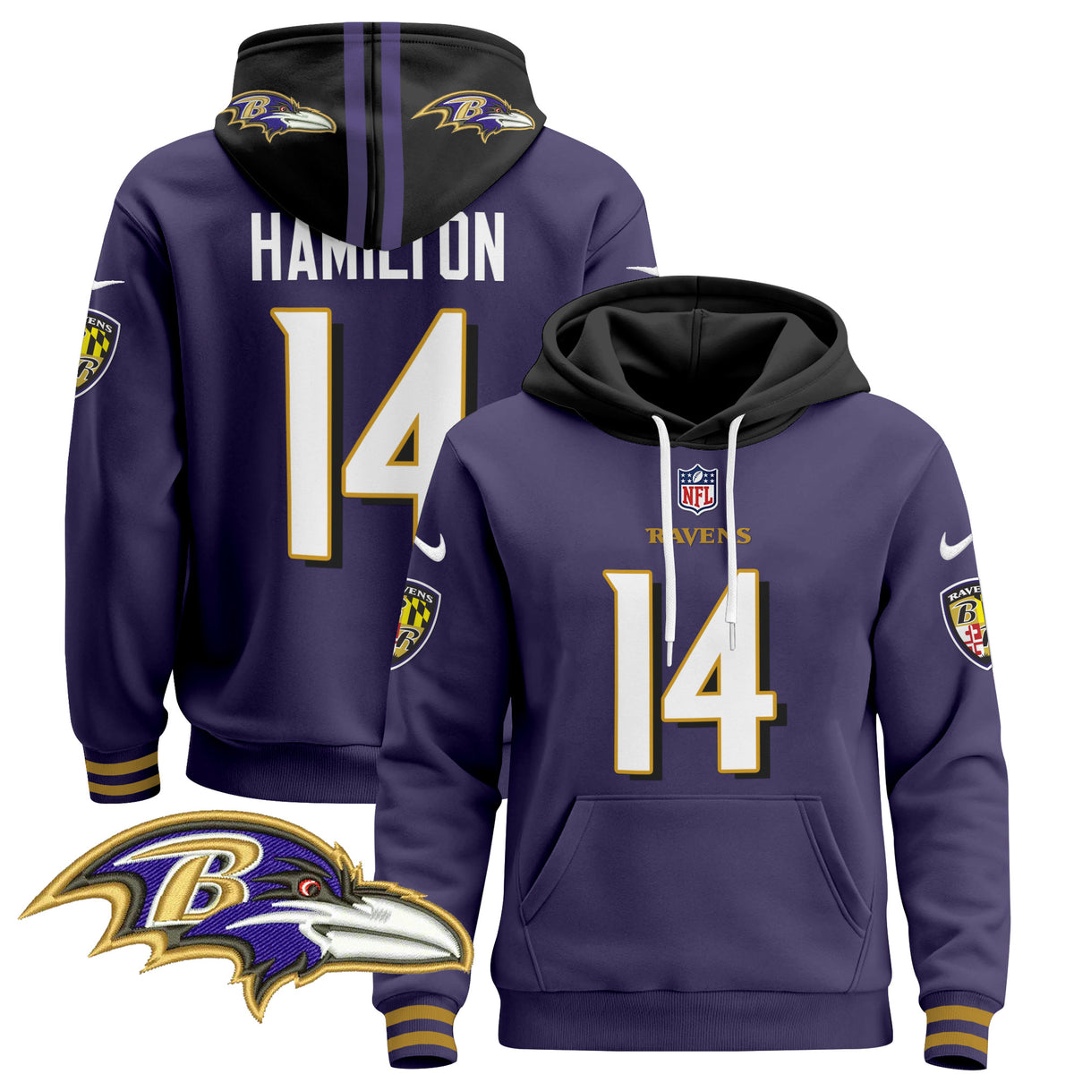 Men's Baltimore Ravens 2024 Pullover Hoodie V4 - All Stitched - Purple - Kyle Hamilton — view 1