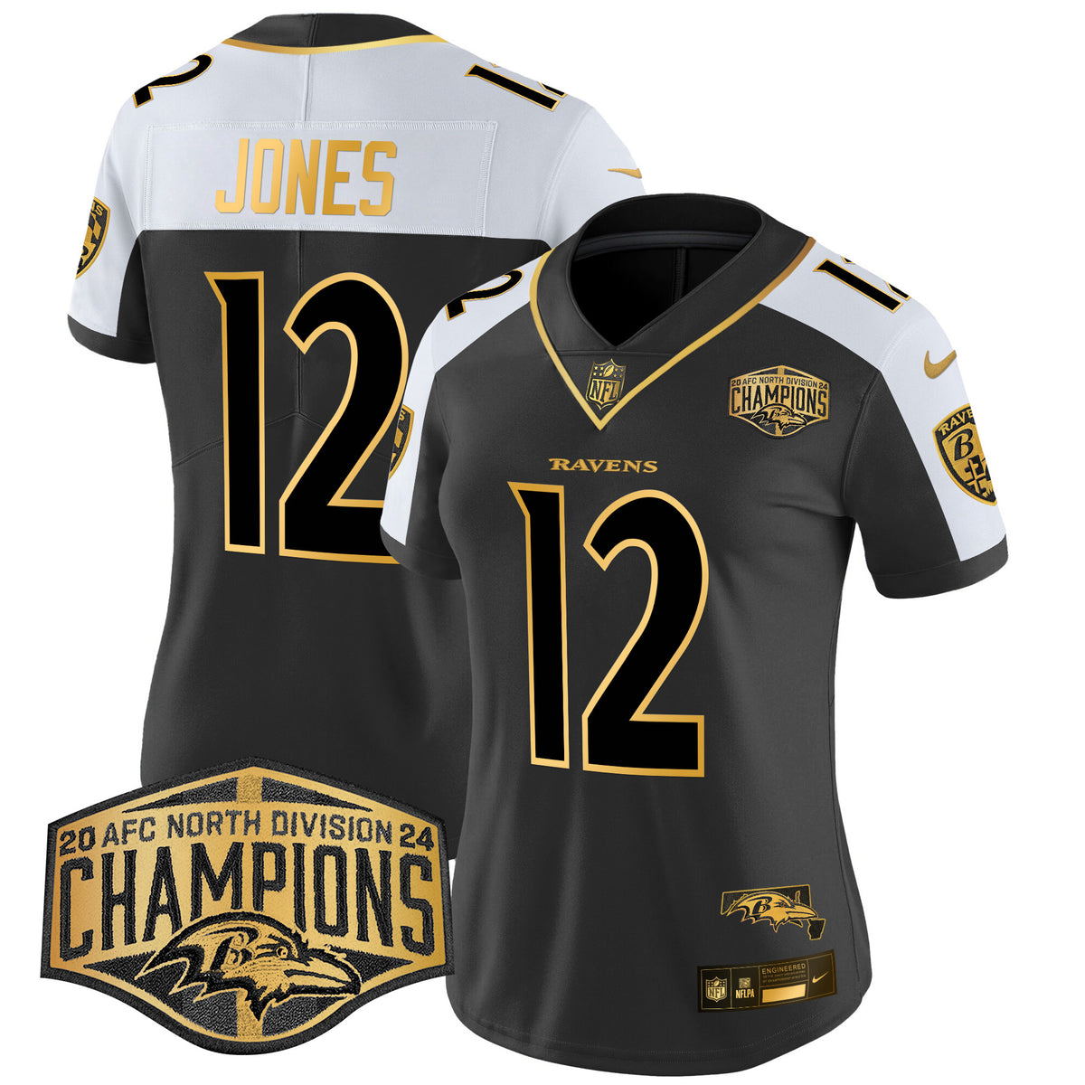 Women's Ravens Maryland 2024 AFC North Division Champions Patch Gold Vapor Limited Jersey - All Stitched - Alternate - Jacoby Jones — view 1