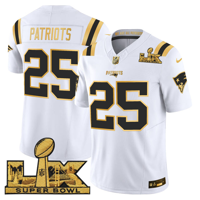 Men's New England Patriots Super Bowl LX Gold Vapor Limited Jersey - All Stitched - White Gold - #25 Patriots — view 1