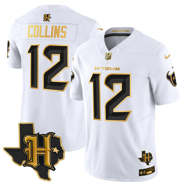 Men's Houston Texans 2025 Texas Patch Gold Vapor Limited Jersey - All Stitched - White Gold - Nico Collins — view 1
