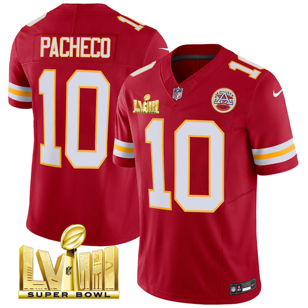 Men's Chiefs Super Bowl LVIII Gold Patch Vapor Jersey - All Stitched - Red - Isiah Pacheco — view 1