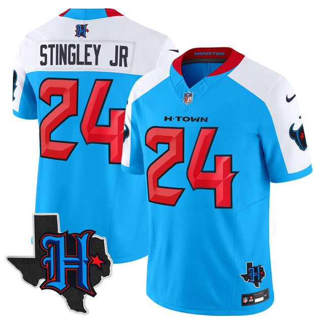 Men's Houston Texans 2025 Texas Patch Vapor Limited Jersey V2 - All Stitched - Blue Alternate - Derek Stingley Jr — view 1