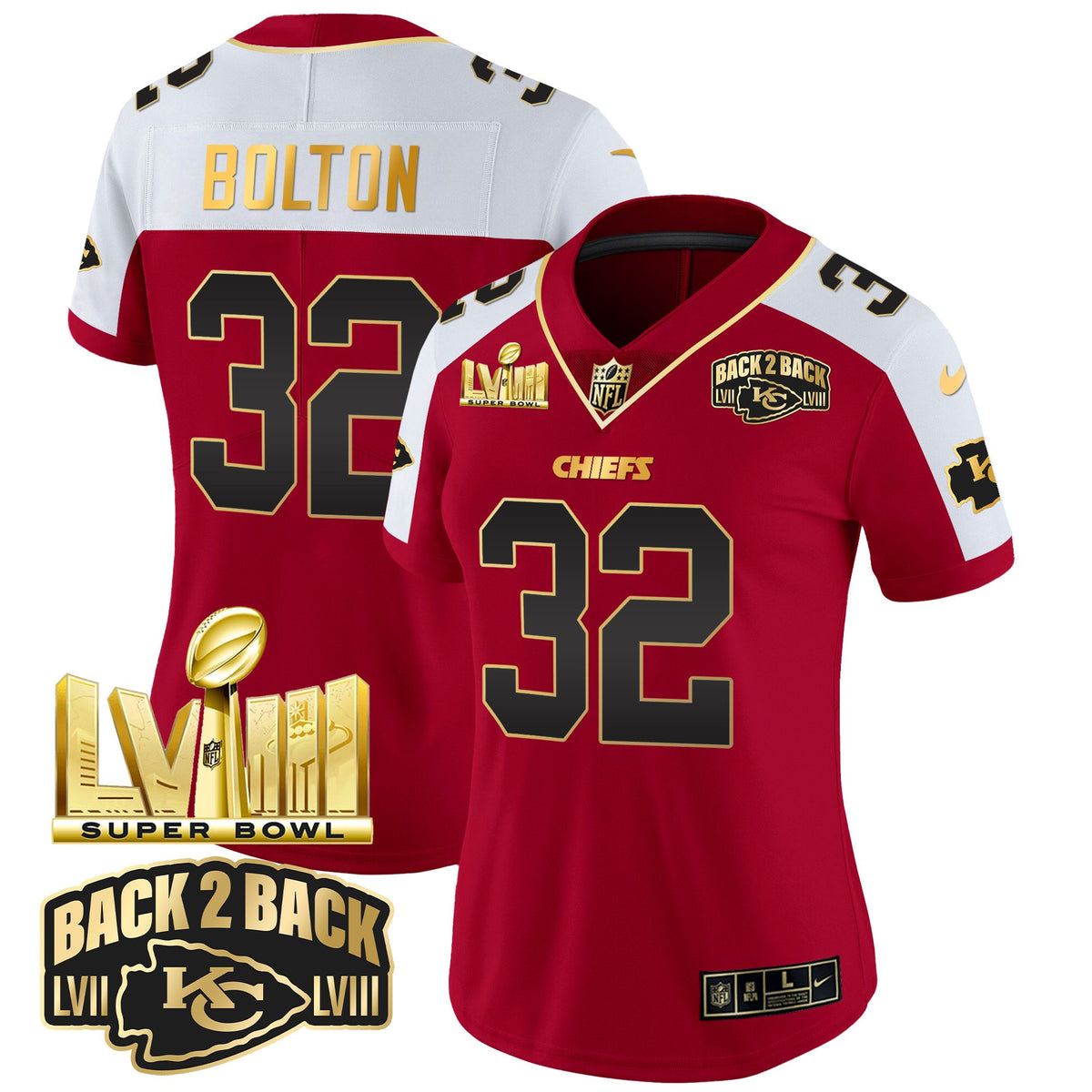 Women's Chiefs Super Bowl LVIII & Back 2 Back Gold Patch Vapor Jersey - All Stitched - Red Alternate - Nick Bolton — view 1
