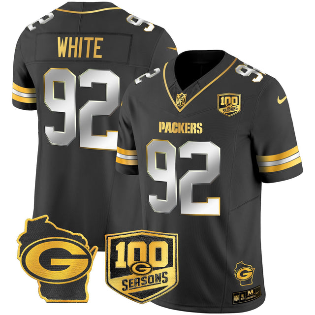 Men's Green Bay Packers 100th Season & Home Patch Gold Vapor Limited Jersey – All Stitched - Black Limited - Reggie White — view 1
