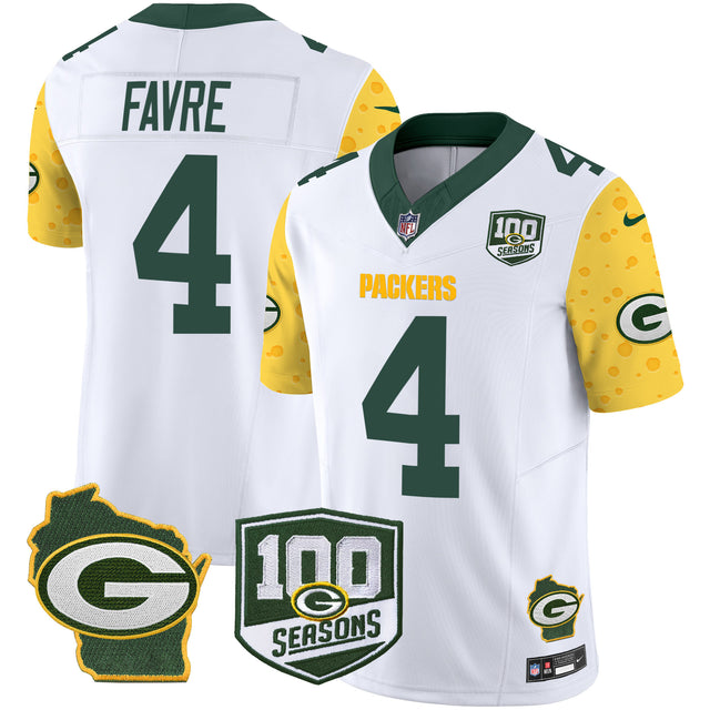 Men's Packers 100th Season & Home Patch Cheese Vapor Limited Jersey – All Stitched - White - Brett Favre — view 1