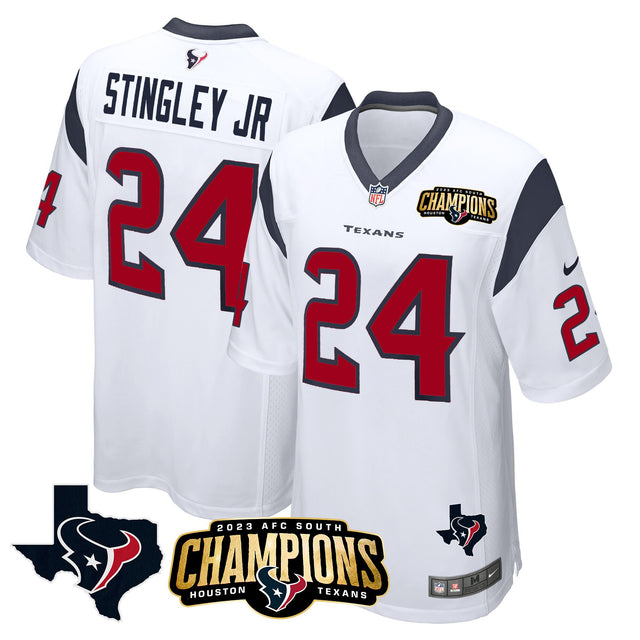 Men's Houston Texans 2023 AFC South Champions Patch Game Jersey - All Stitched - White - Derek Stingley Jr — view 1