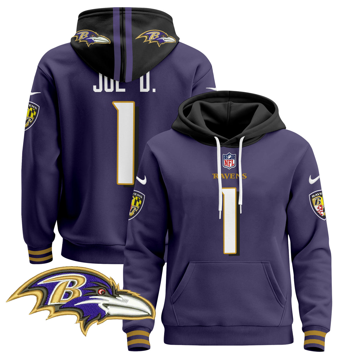 Men's Baltimore Ravens 2024 Pullover Hoodie V4 - All Stitched - Purple - Joe D — view 1