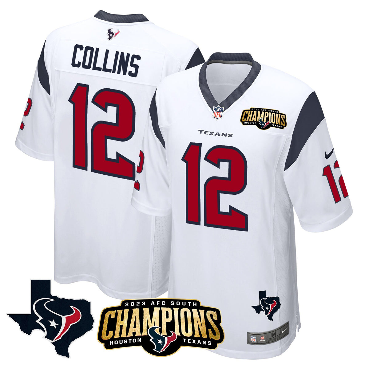 Men's Houston Texans 2023 AFC South Champions Patch Game Jersey - All Stitched - White - Nico Collins — view 1