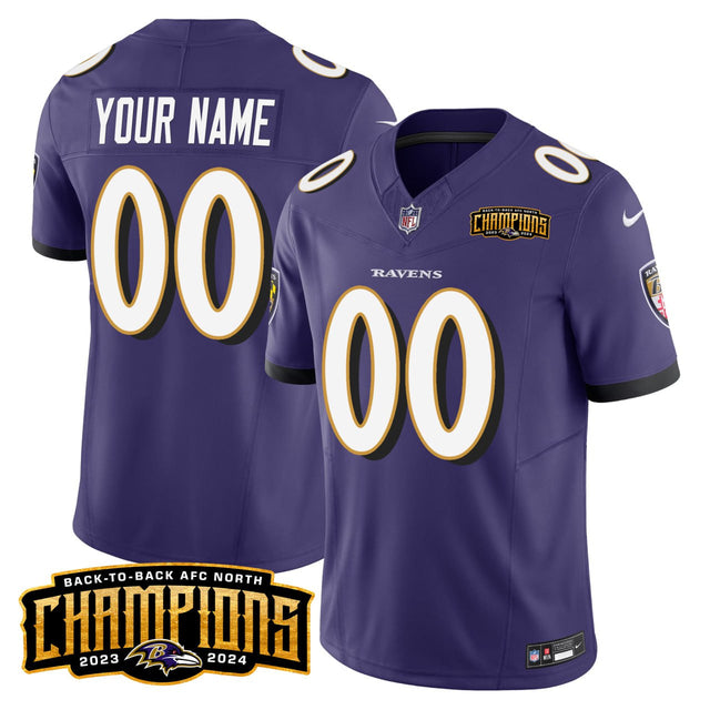 Baltimore Ravens Back To Back AFC North Champions 2023-2024 Custom Jersey - All Stitched - Purple — view 1