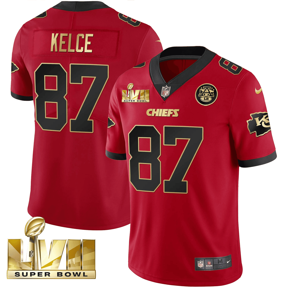 Men's Chiefs Super Bowl LVII Gold Trim Vapor V2 Jersey - All Stitched - Red - Travis Kelce — view 1