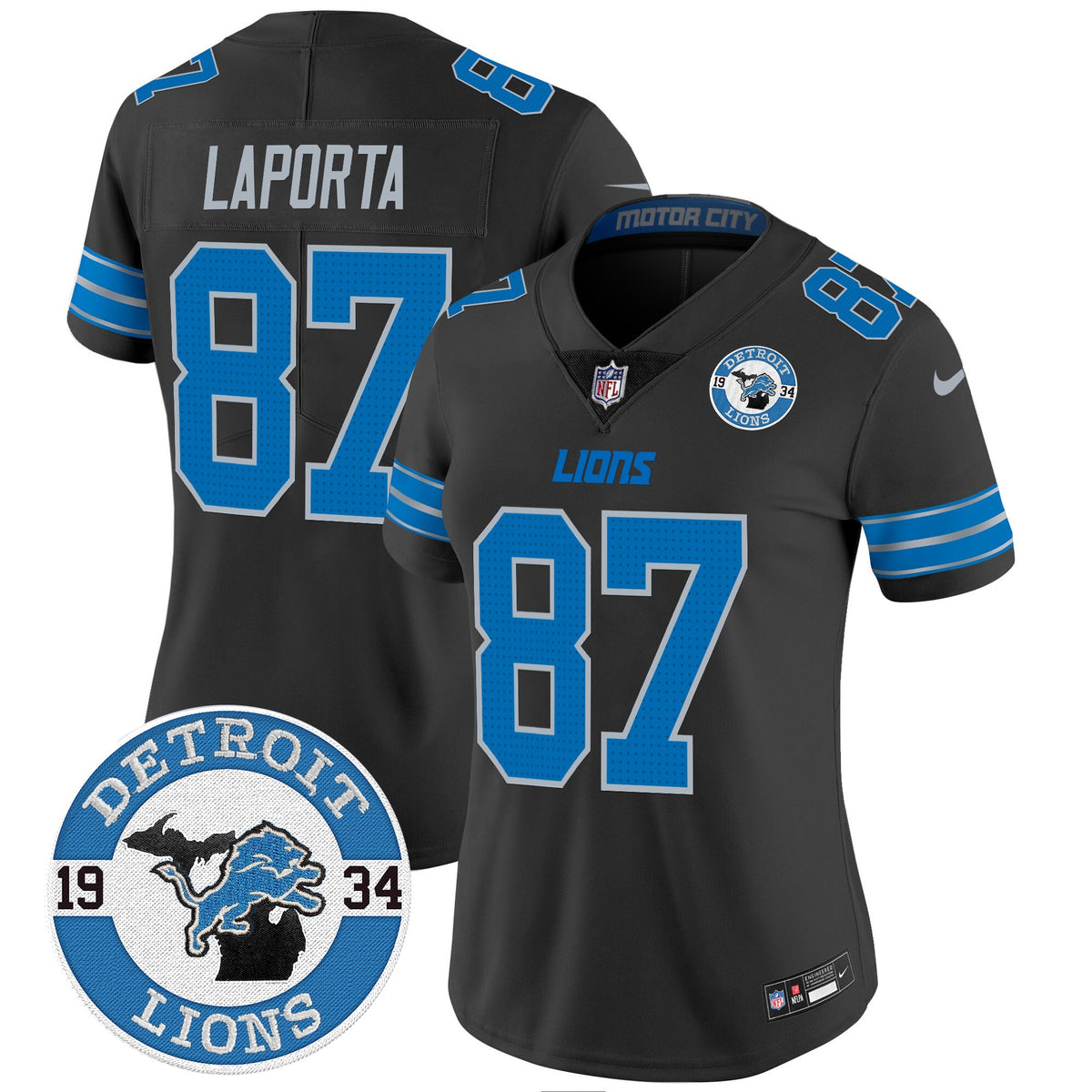Women's Detroit Lions 2024 Vapor Limited Jersey - Est. 1934 Patch - All Stitched - Black - Sam Laporta — view 1