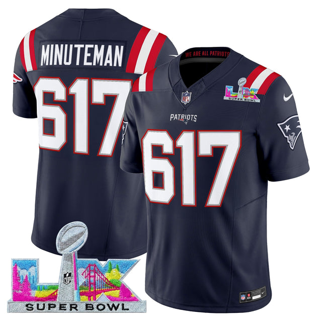 Men's New England Patriots Super Bowl LX Vapor Limited Jersey - All Stitched - Navy - Minuteman 617 — view 1