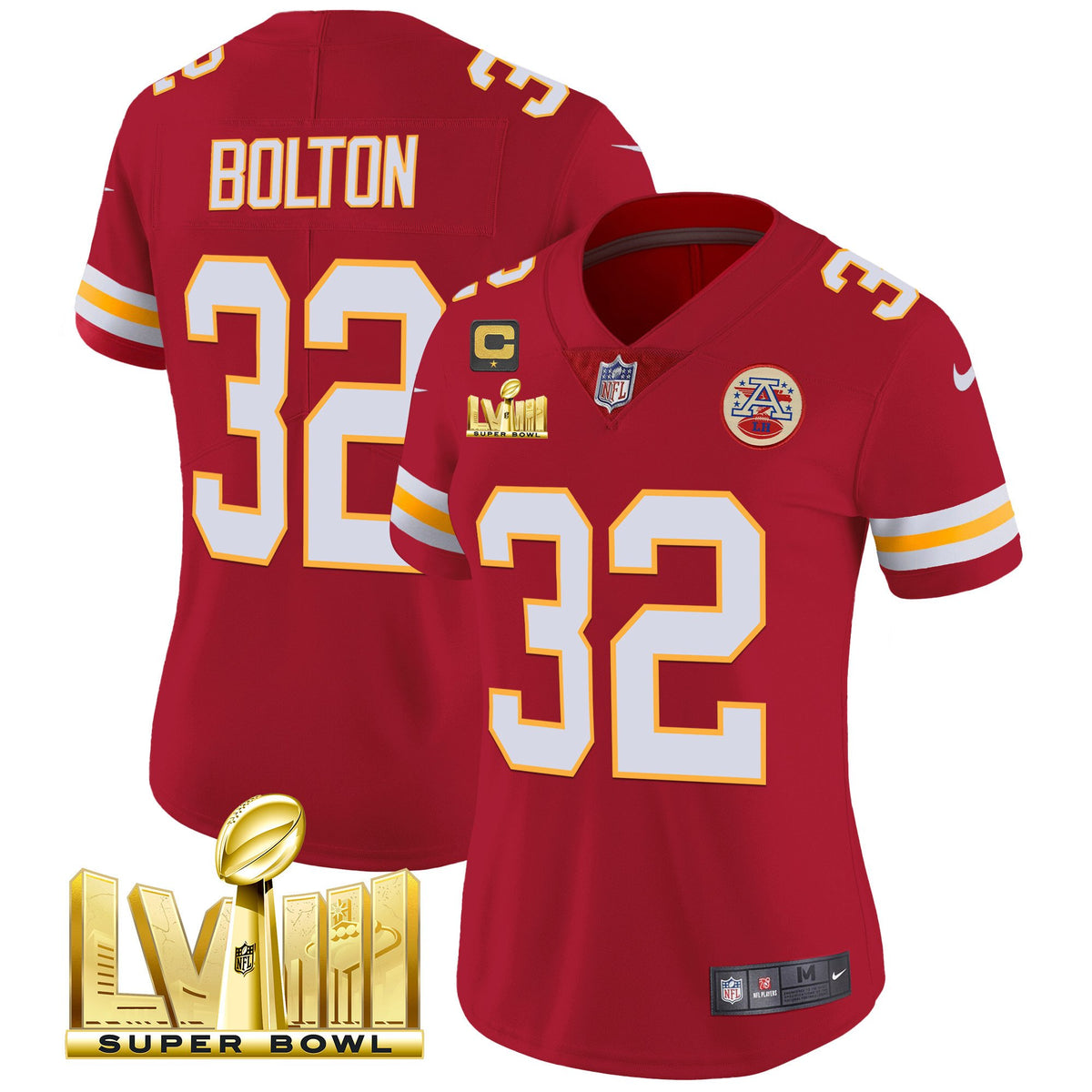 Women's Chiefs Super Bowl LVIII Gold Patch Vapor Jersey - All Stitched - Red - Nick Bolton — view 1