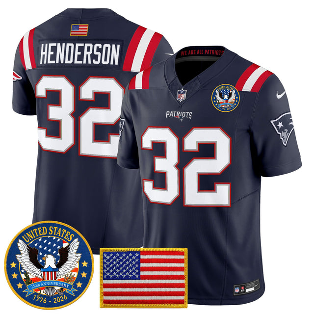 Men's New England Patriots United States 250th Anniversary Patch Vapor Limited Jersey - All Stitched - Navy - TreVeyon Henderson — view 1