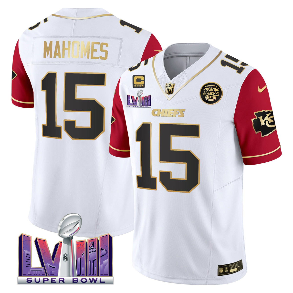 Men's Chiefs Super Bowl LVIII Patch Vapor Jersey V4 - All Stitched - Color Sleeves - Patrick Mahomes — view 1
