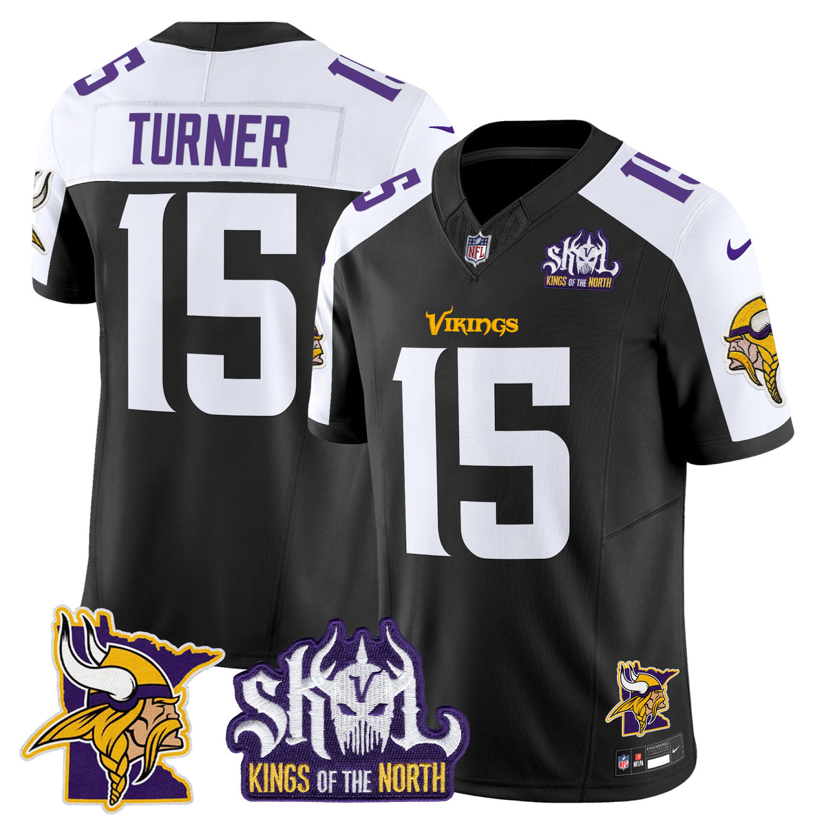 Men's Minnesota Vikings Kings Of The North Patch Vapor Limited Jersey V3 - All Stitched - Black Alternate - Dallas Turner — view 1