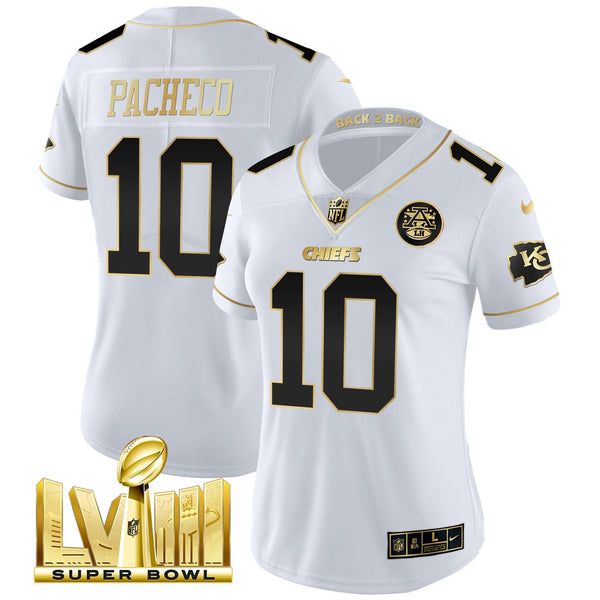 Women's Chiefs Super Bowl LVIII & Back 2 Back Patch Vapor Jersey V5 - All Stitched - White Gold - Isiah Pacheco — view 1