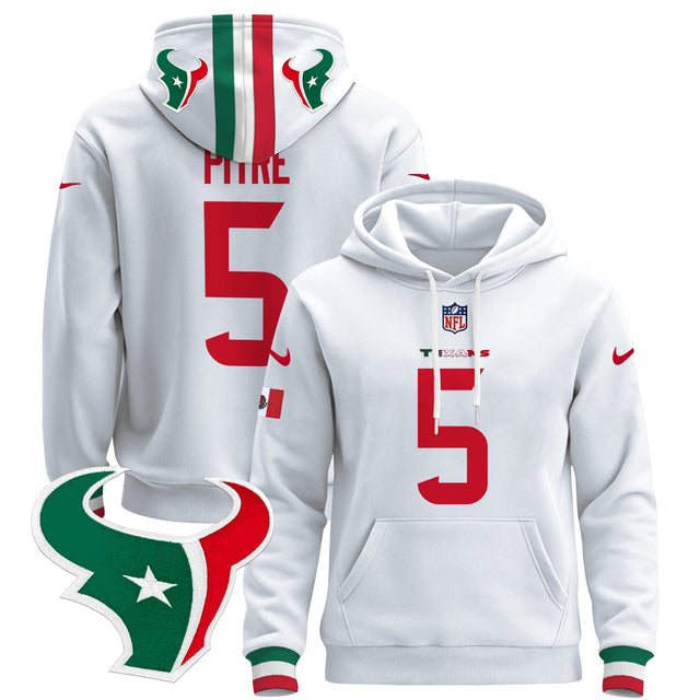 Men's Houston Texans Mexico 2024 Pullover Hoodie - All Stitched - White - Jalen Pitre — view 1