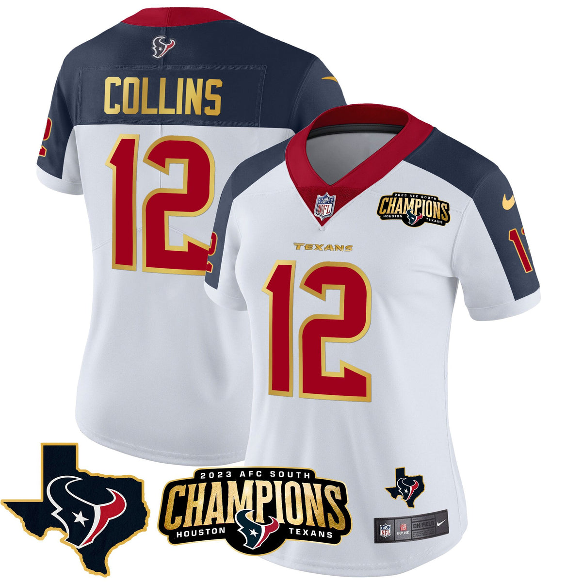 Women's Houston Texans 2023 AFC South Champions Patch Gold Trim Vapor Jersey - All Stitched - Inverted - Nico Collins — view 1
