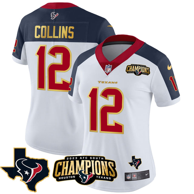 Women's Houston Texans 2023 AFC South Champions Patch Gold Trim Vapor Jersey - All Stitched - Inverted - Nico Collins — view 1