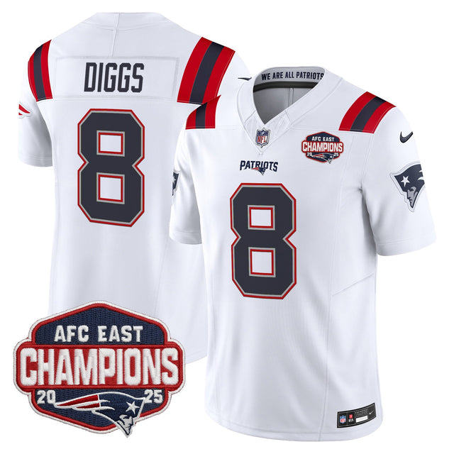 Men's New England Patriots 2025 AFC East Division Champions Vapor Limited Jersey - All Stitched - White - Stefon Diggs — view 1