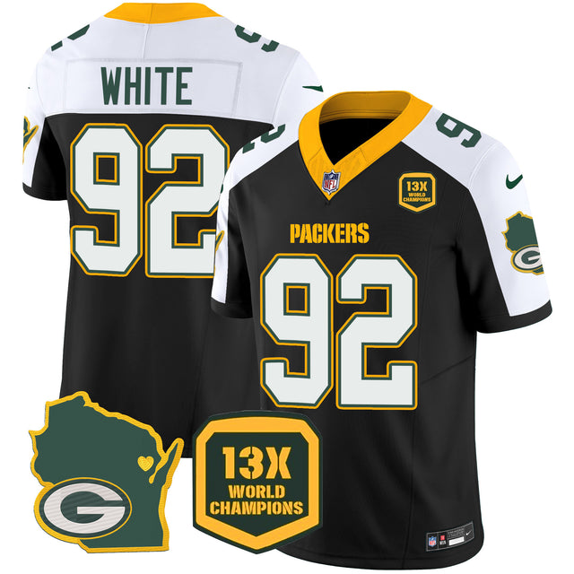 Men's Packers 13 Time World Champions & Home Patch Vapor Jersey V2 – All Stitched - Black Alternate - Reggie White — view 1