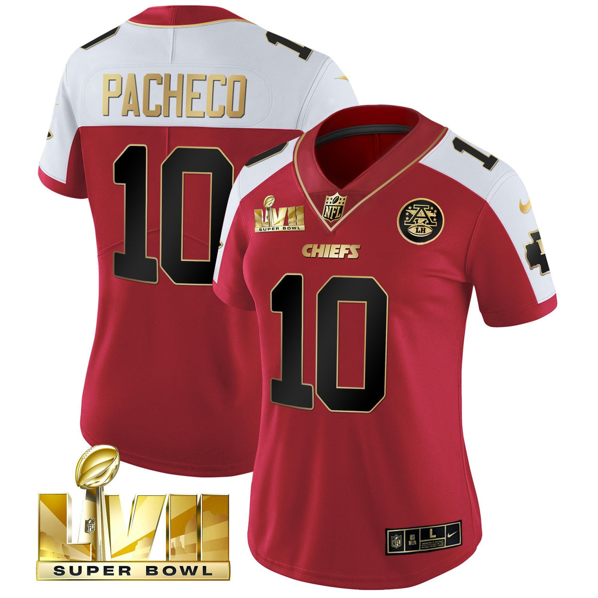 Women's Chiefs Super Bowl LVII Red Gold Vapor Jersey - All Stitched - Red Alternate - Isiah Pacheco — view 1