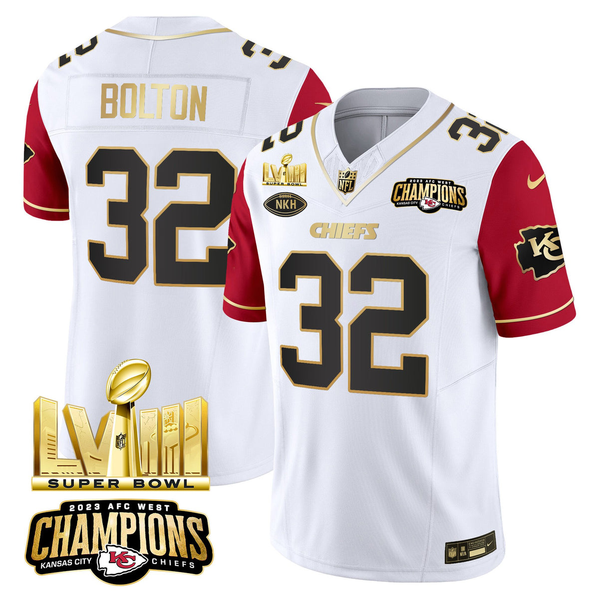 Men's Chiefs AFC West Champions & Super Bowl LVIII Gold Patch Vapor Jersey V2 - All Stitched - Color Sleeves - Nick Bolton — view 1