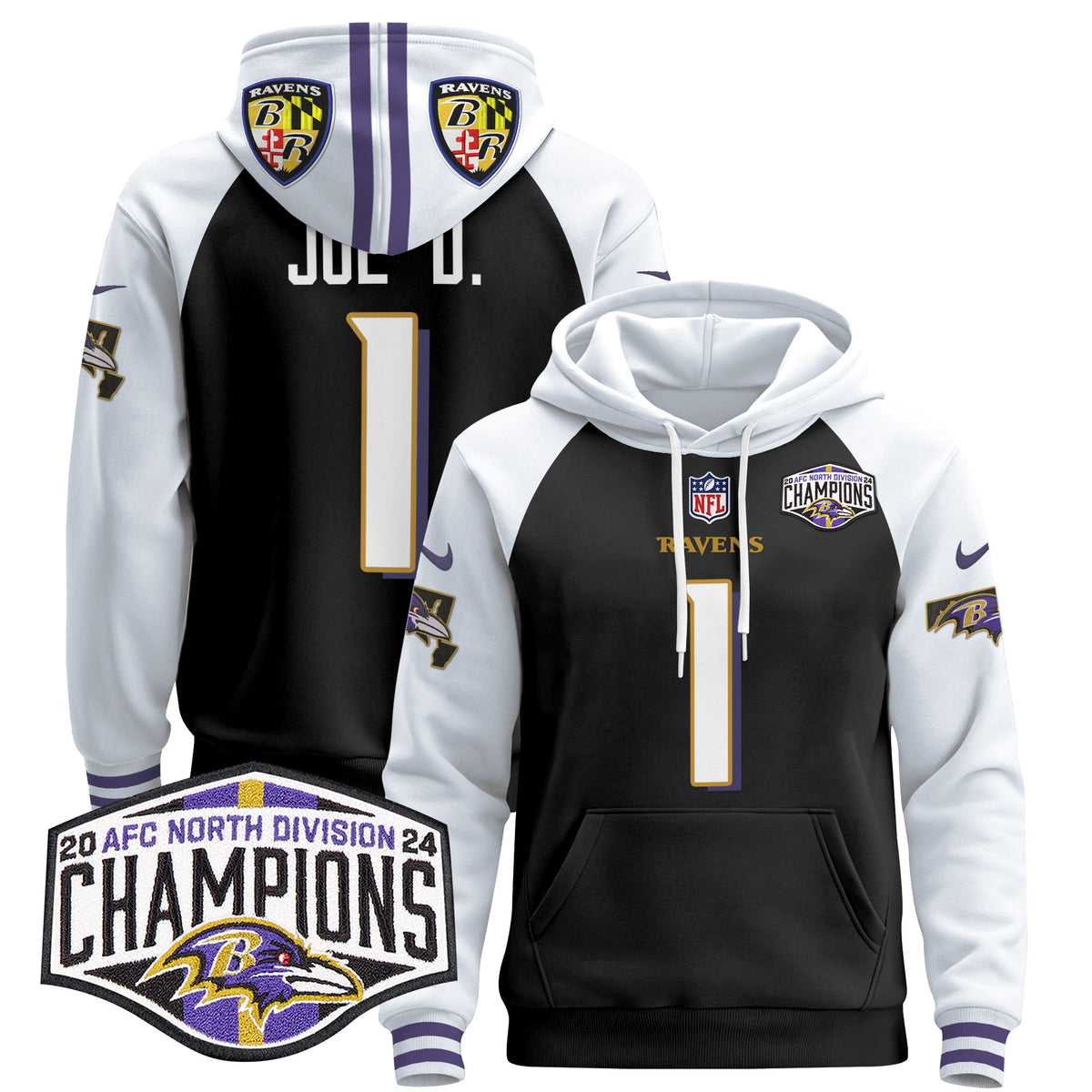 Men's Baltimore Ravens 2024 AFC North Division Champions Patch Pullover Hoodie V2 - All Stitched - Black Alternate - Joe D — view 1