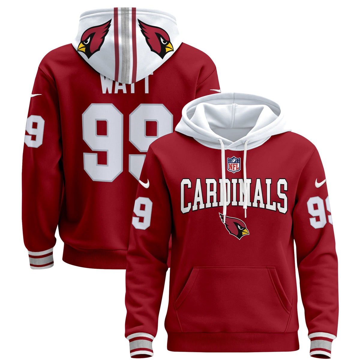 Men's Arizona Cardinals 2024 Pullover Hoodie V2 - All Stitched - Red - J.J. Watt — view 1