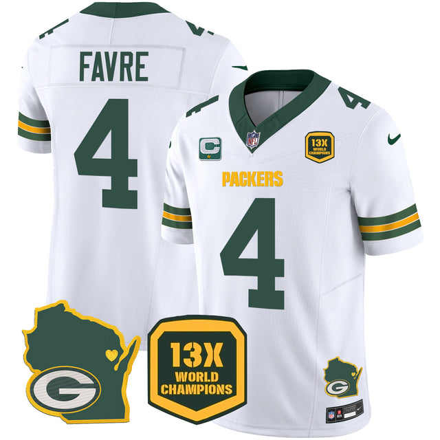 Men's Packers 13 Time World Champions & Home Patch Vapor Jersey V2 – All Stitched - White - Brett Favre — view 1