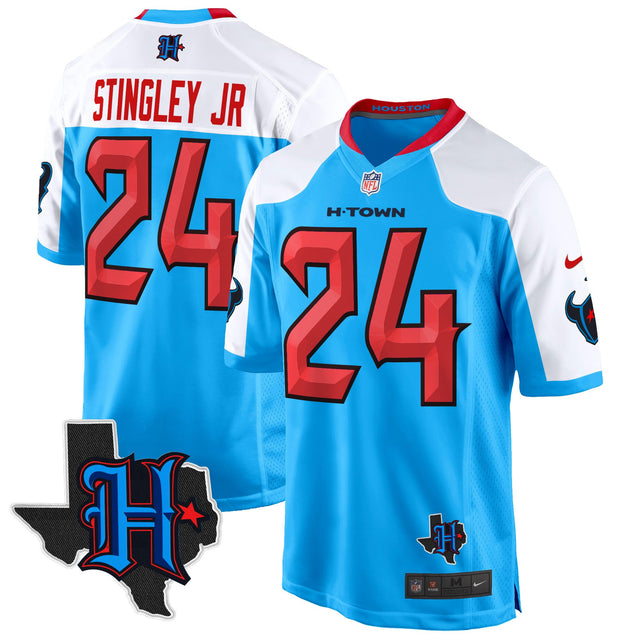 Men's Houston Texans 2024 Texas Patch Game Jersey - All Stitched - Blue Alternate - Derek Stingley Jr — view 1