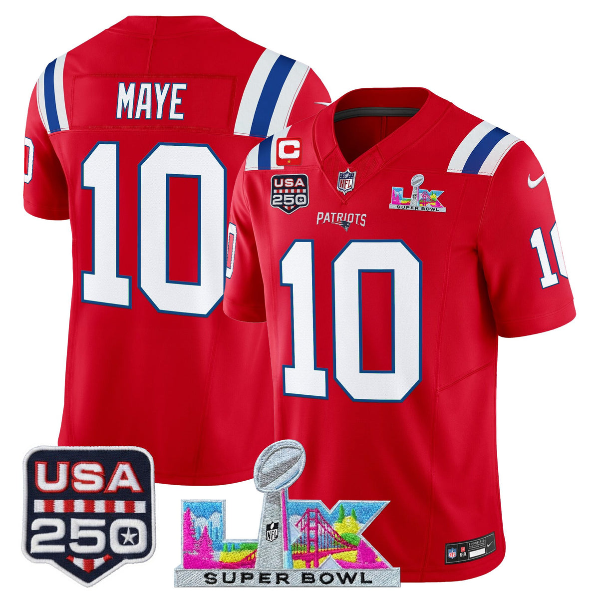 Men's New England Patriots Super Bowl LX & United States 250th Anniversary Patch Vapor Limited Jersey - All Stitched - Red - Drake Maye — view 1