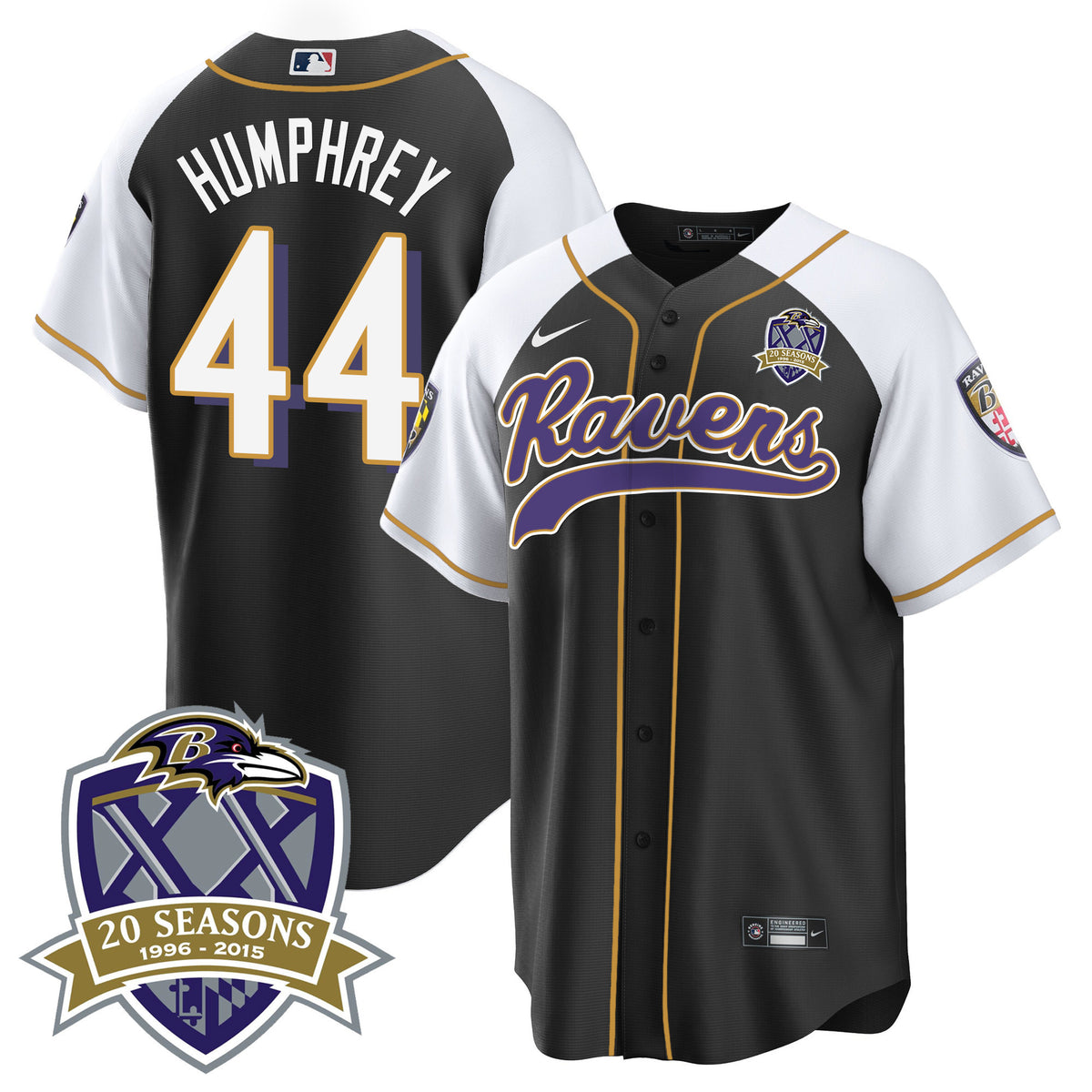 Men's Ravens 20th Season Patch Baseball Jersey - All Stitched - Black Alternate - Marlon Humphrey — view 1
