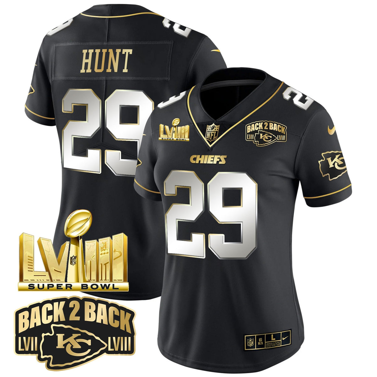 Women's Chiefs Super Bowl LVIII & Back 2 Back Gold Patch Vapor Jersey V2 - All Stitched - Black Limited - Kareem Hunt — view 1