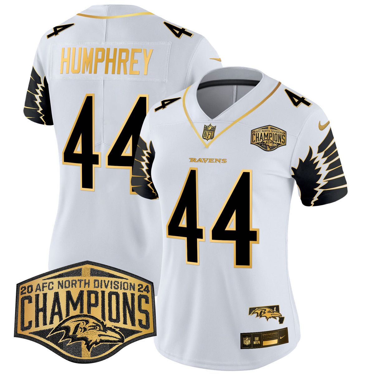 Women's Ravens Maryland 2024 AFC North Division Champions Patch Gold Vapor Limited Jersey - All Stitched - White Gold - Marlon Humphrey — view 1