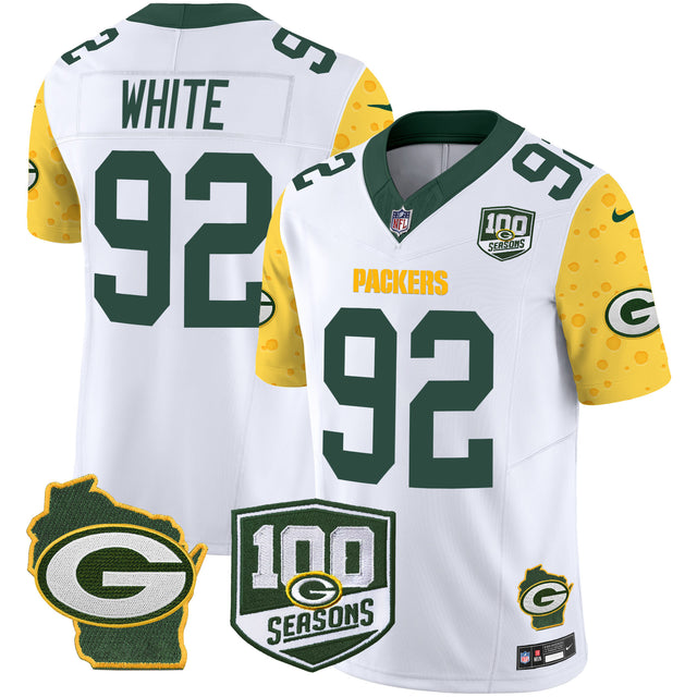 Men's Packers 100th Season & Home Patch Cheese Vapor Limited Jersey – All Stitched - White - Reggie White — view 1