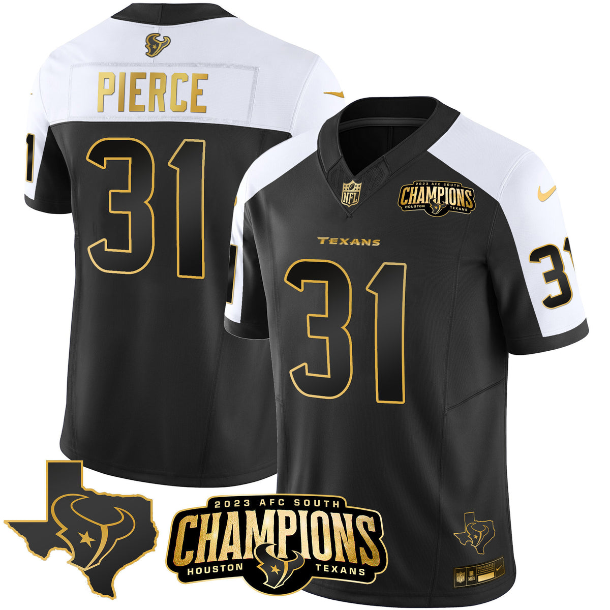 Men's Houston Texans 2023 AFC South Champions Patch Gold Vapor Jersey - All Stitched - Alternate Gold - Dameon Pierce — view 1
